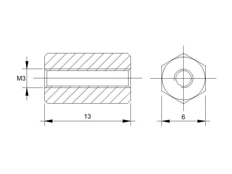 Stahl-Abstandsbolzen BM mit Innengewinde, Gewinde M3, SW 6 und Länge 13