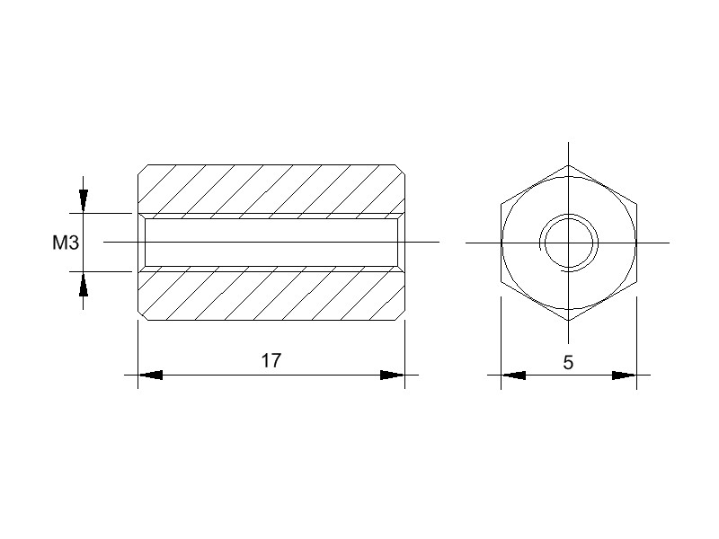 Messing-Abstandsbolzen BM mit Innengewinde, Gewinde M3 , SW 5 und Länge 17