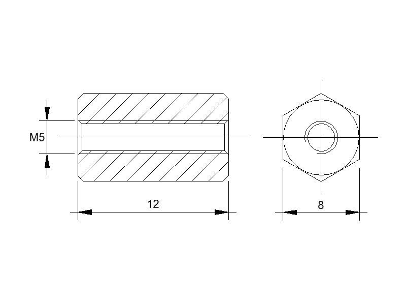 Stahl-Abstandsbolzen BM mit Innengewinde, Gewinde M5, SW 8 und Länge 12