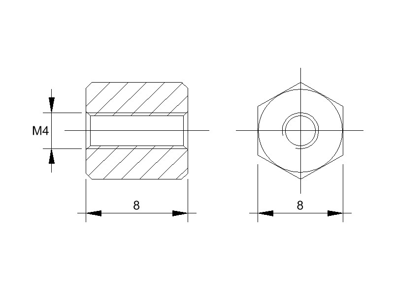 Stahl-Abstandsbolzen BM mit Innengewinde, Gewinde M4, SW 8 und Länge 8