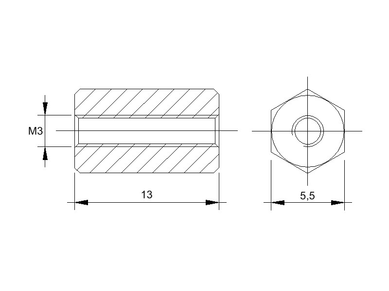 Messing-Abstandsbolzen BM mit Innengewinde, Gewinde M3 , SW 5,5 und Länge 13