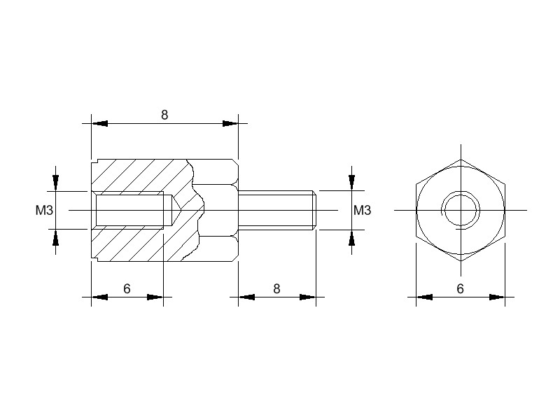 Kunststoff-Abstandsbolzen AM mit Innengewinde und Aussengewinde, Gewinde M3, SW 6 und Länge 8