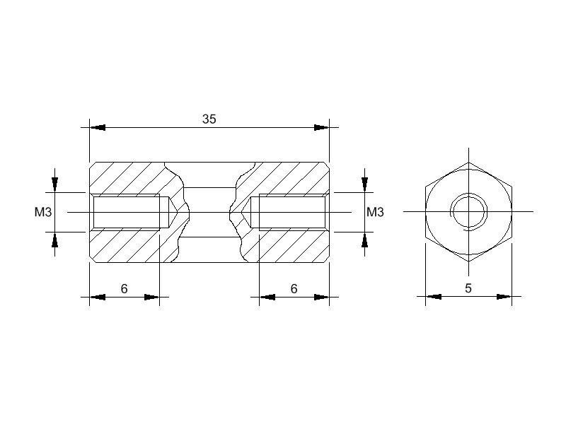 Messing-Abstandsbolzen BM mit Innengewinde, Gewinde M3 , SW 5 und Länge 35