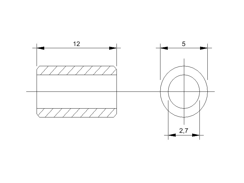 Kunststoff-Abstandsrolle mit M2,5 Gewinde, Aussen-Durchmesser 5 mm und Länge 12