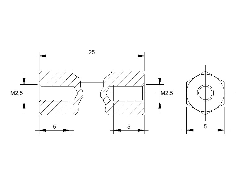 abstandsbolzen-m2-5-bm-2525-messing Messing-Abstandsbolzen BM mit Innengewinde, Gewinde M2,5  , SW 5 und Länge 25