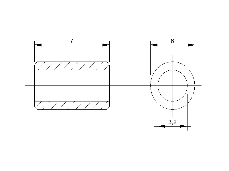 Messing-Abstandsrolle mit M3 Gewinde, Aussen-Durchmesser 6 mm und Länge 7 mm