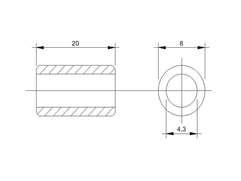 Messing-Abstandsrolle mit M4 Gewinde, Aussen-Durchmesser 8 mm und Länge 20 mm