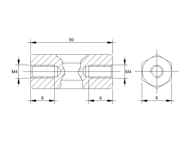 Stahl-Abstandsbolzen BM mit Innengewinde, Gewinde M4, SW 8 und Länge 80