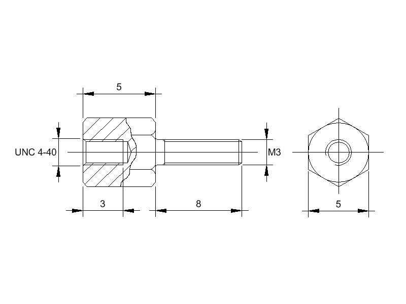 abstandsbolzen-am3_unc_5z8-messing Messing-Abstandsbolzen mit Innengewinde UNC 4-40 und Aussengewinde M3, SW 5, Länge 5 und Breite 8