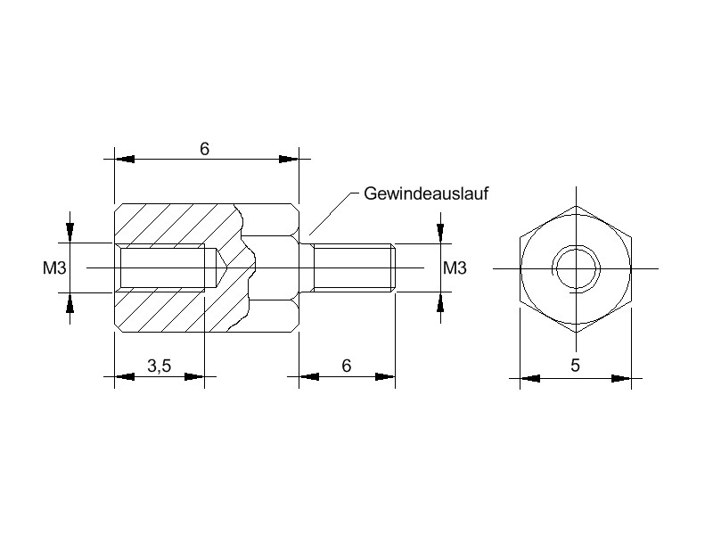 Messing-Abstandsbolzen AM mit Innengewinde und Aussengewinde, Gewinde M3 , SW 5 und Länge 6 und Breite 6