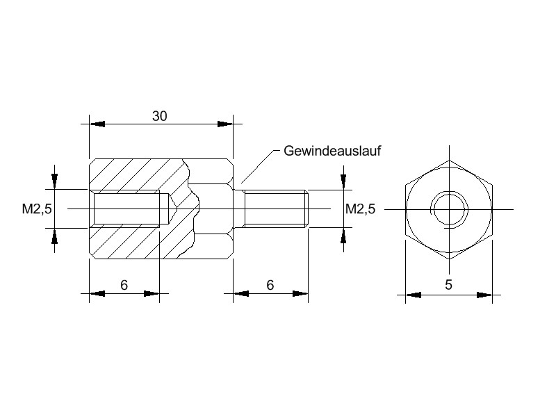abstandsbolzen-m2-5-am-2530-messing Messing-Abstandsbolzen AM mit Innengewinde und Aussengewinde, Gewinde M2.5 , SW 5 und Länge 30