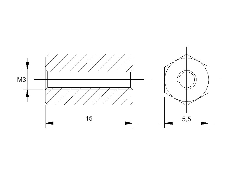 Stahl-Abstandsbolzen BM mit Innengewinde, Gewinde M3, SW 5,5 und Länge 15
