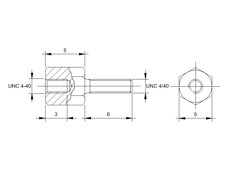 abstandsbolzen-a_unc_unc_5z6-messing Messing-Abstandsbolzen mit Innengewinde und Aussengewinde, Gewinde UNC 4-40 , SW 5, Länge 5 und Breite 6