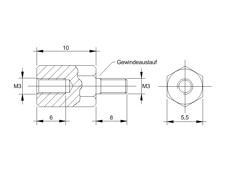 abstandsbolzen-m3-am-310_5-5-messing Messing-Abstandsbolzen AM mit Innengewinde und Aussengewinde, Gewinde M3 , SW 5,5 und Länge 10