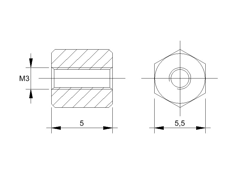 Stahl-Abstandsbolzen BM mit Innengewinde, Gewinde M3, SW 5,5 und Länge 5