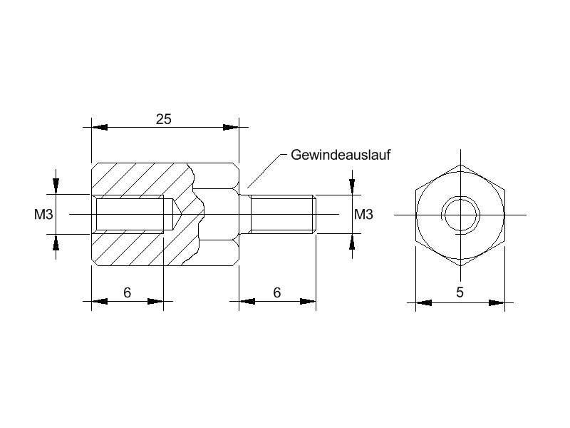 abstandsbolzen-m3-am-325_5-messing Messing-Abstandsbolzen AM mit Innengewinde und Aussengewinde, Gewinde M3 , SW 5 und Länge 25 und Breite 6