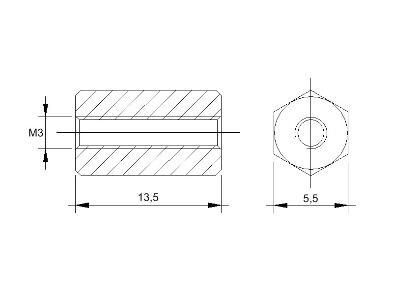 Messing-Abstandsbolzen BM mit Innengewinde, Gewinde M3 , SW 5,5 und Länge 13,5