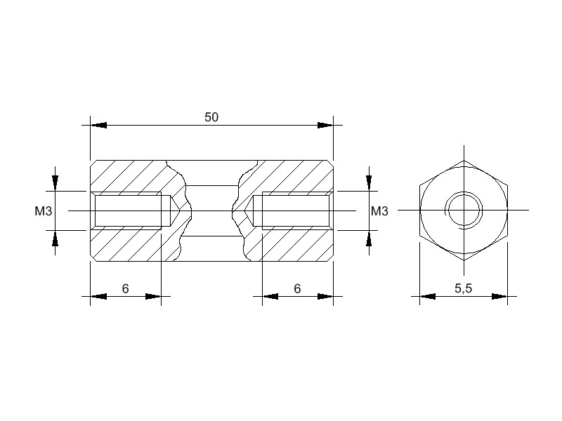 Stahl-Abstandsbolzen BM mit Innengewinde, Gewinde M3, SW 5,5 und Länge 50